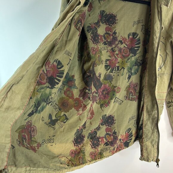 Desigual Embroidered Distressed Green Hooded Jacket Sz M Eclectic Edgy Artsy - Picture 11 of 16